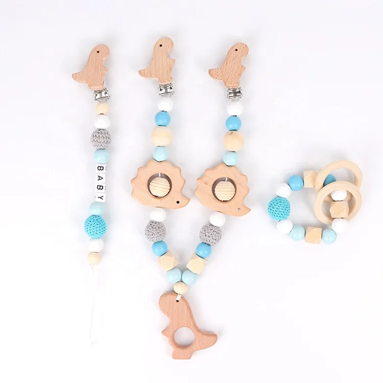 Animal Shape Chewable Baby Wooden Teether set Organic Pacifier Clip Chain Cart Chain Bracelet Set for children
