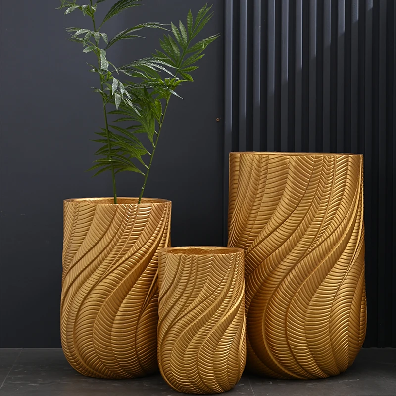 33/44/56cm Tall Gold Planter Manufacturer Supply Fiber Clay Flower Pots & Planters Large Luxury Modern Golden Pots for Plants