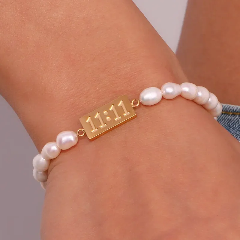 Elegant Dainty Stainless Steel Trendy Jewelry Tarnish Free Gold-Plated Number 11 11 Freshwater Pearl Beaded Bracelet For Women