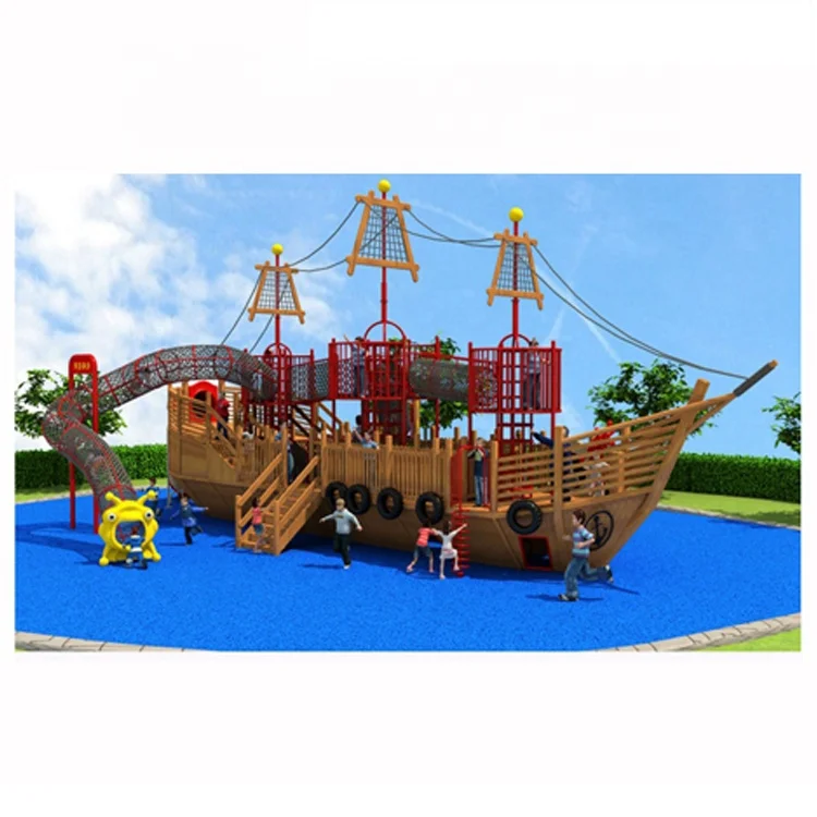 Customized kindergarten outdoor real wood pirates playground equipment, wooden outdoor slide