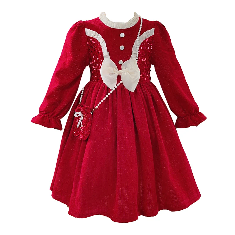 Kids clothing wholesale Sequined Casual Dresses Long-sleeved Bows Boutique Dress Children Elegant Dress Girl Child Skirt