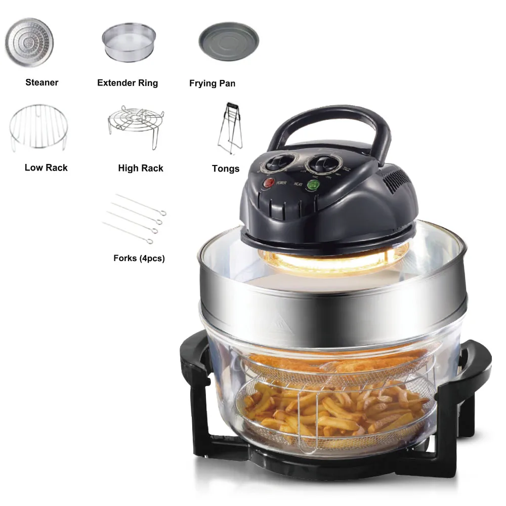 New multi cooker desktop glass air fryer electric convection  oven 12L+5L  halogen oven With Steamer, Rack, Extended Ring