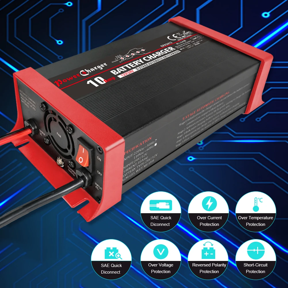 12/24V 10Amp Auto 5 stage  GEL AGM WET battery charger 12v 24v smart car battery charger
