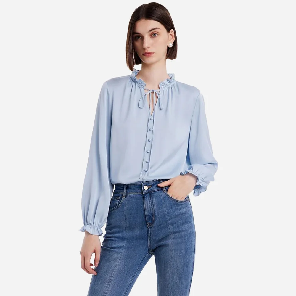 Woman Clothes Round Neck Long Cuffed Sleeves Drop Shoulder Puff Sleeve Western Women Blouses