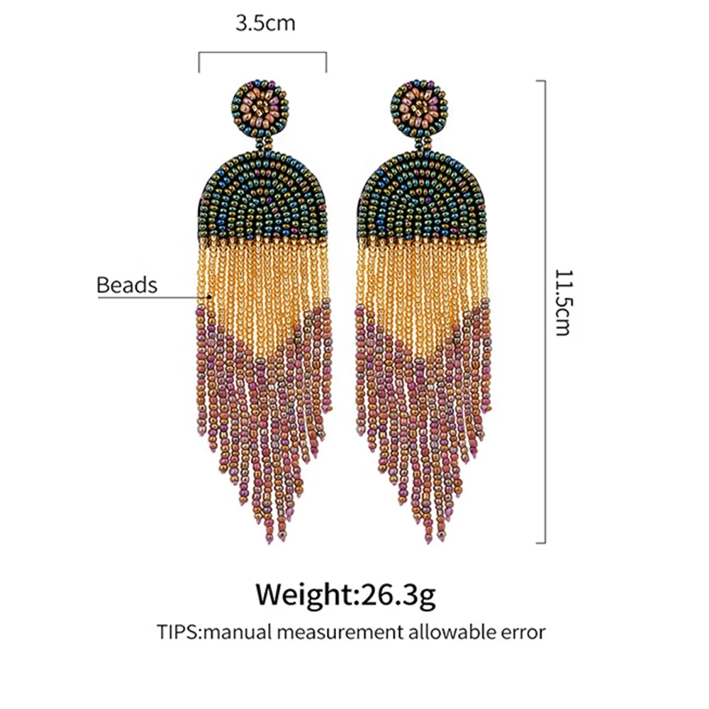 
fashion earrings trend 2021 Handmade Beaded Colored Rice Beads Statement Dangle Fringe Long Stud Bohemian tassel earrings 