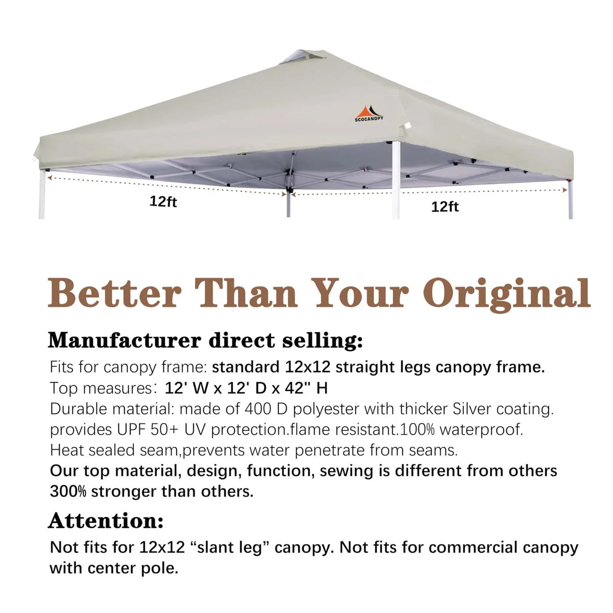 SCOCANOPY Replacement Top with Air Vent for 12x12 Canopy Frame, Canopy Cover ONLY Cream-coloured