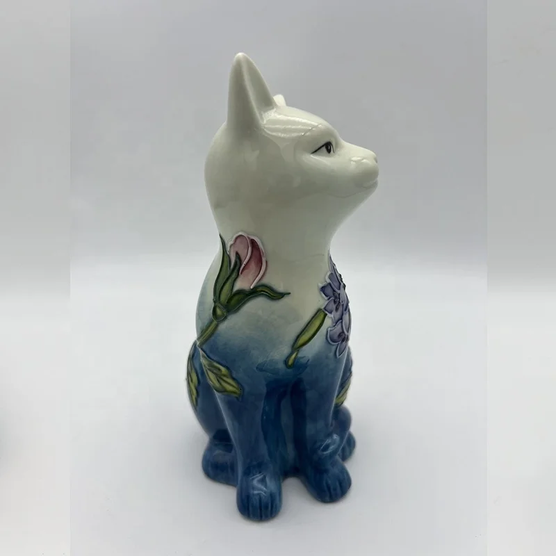 Фигурка кошки синий и белый орнамент керамическая 3D статуэтка