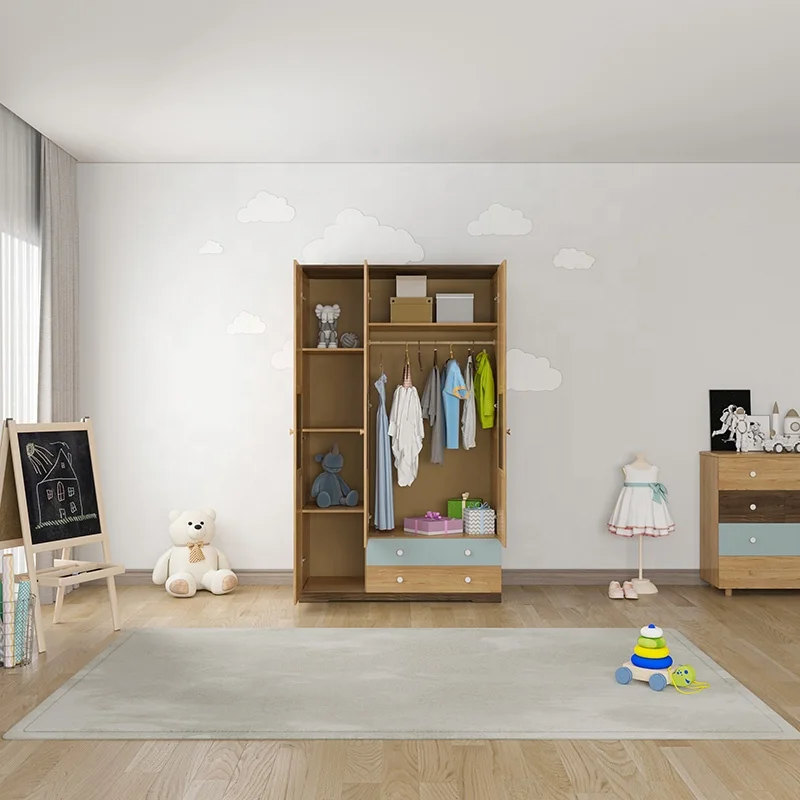 Wholesale Customized boy or girl kids children bedroom furniture beds wood kids bed Set with 3-door wardrobe desk and bed