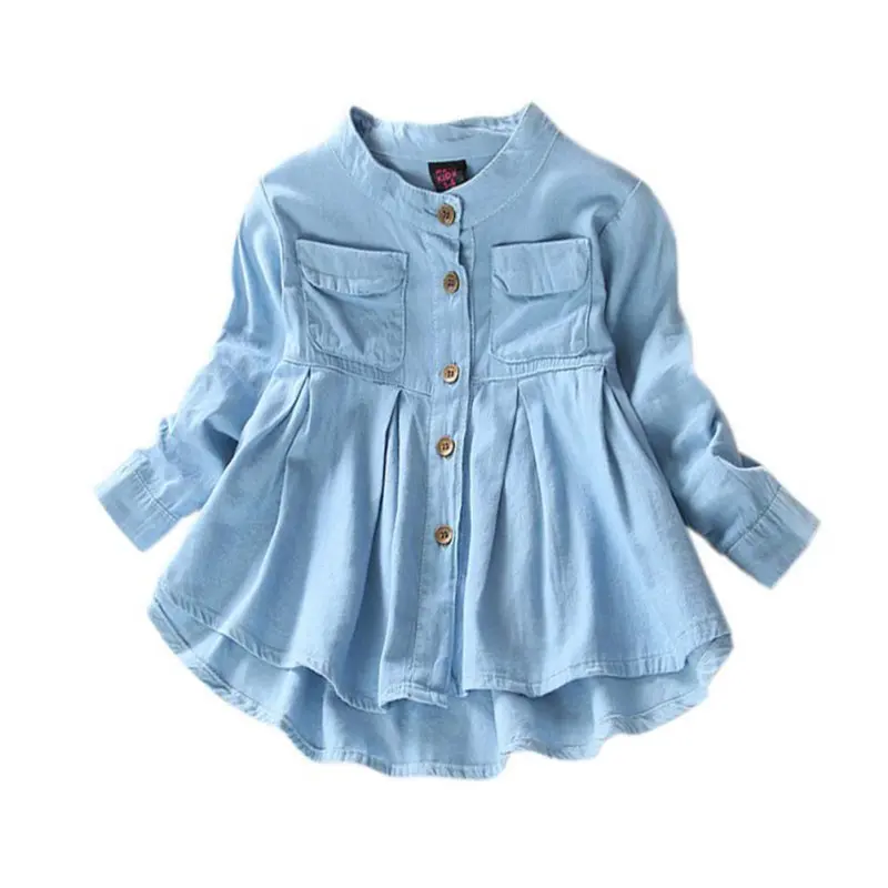 WEN Denim Girl Blouses Clothing Autumn Baby Girls Jeans Shirts Solid Jean Children Kids Long Sleeve Mandarin Collar
