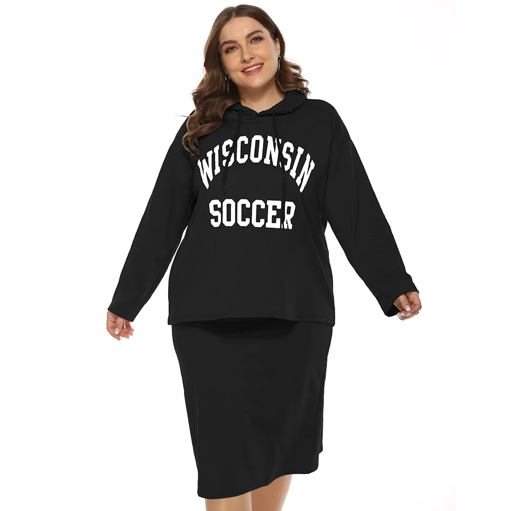 Новое поступление, одежда, женские комплекты больших размеров с круглым вырезом и длинным рукавом, однотонный комплект из двух предметов с буквенным принтом, большие размеры