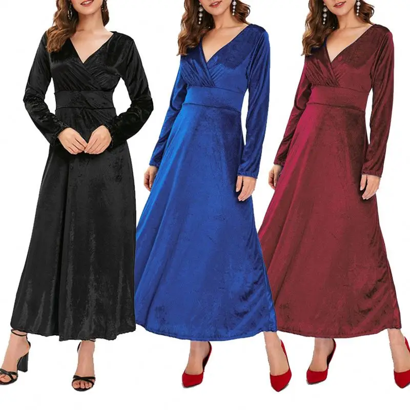 
New Fashion Women Autumn Winter Slim High Waist V-neck Soft Pleuche Long Sleeve Long Dress Cocktail Party Dance Dress 