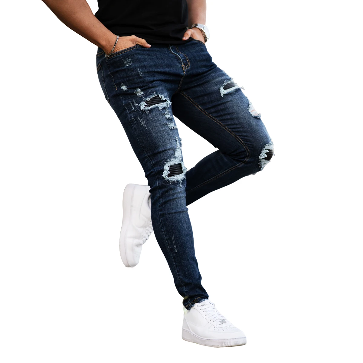 Gingtto Custom White Black Denim Men Jeans Pants Trousers For Men Tapered Stretch Distressed Ripped Damage Skinny Jeans