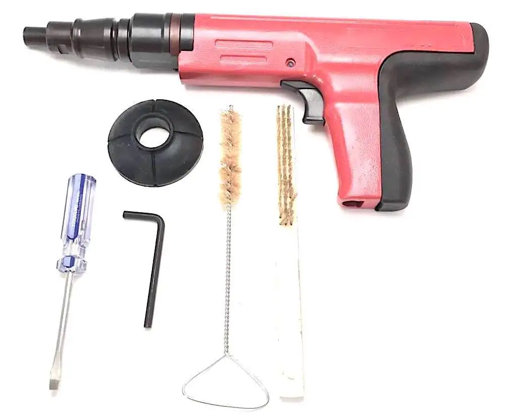 Fastening Tools for installing steel suspension clips into an overhead concrete ceiling. powered by small explosive cartridges