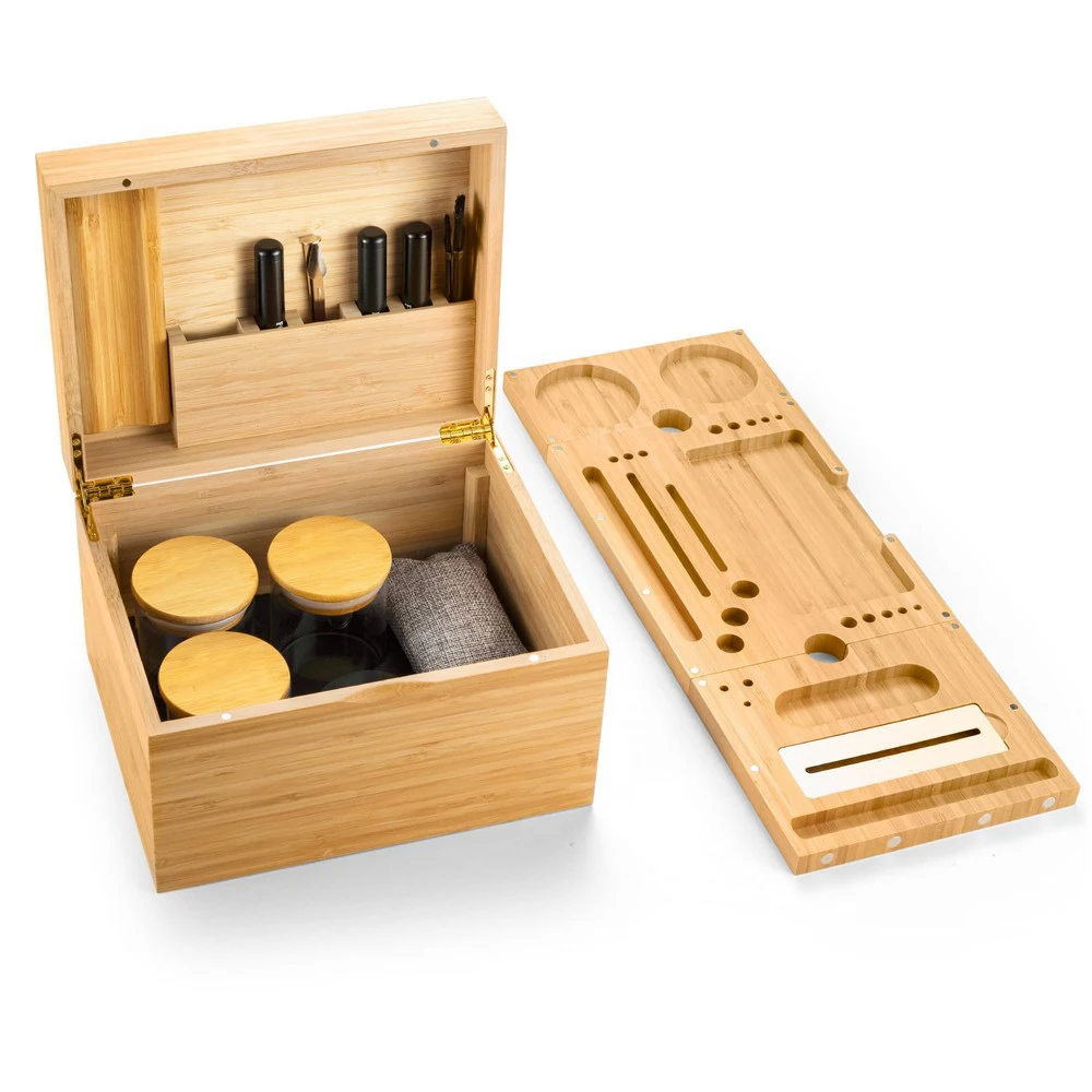 Hinged Lid Extra Large Foldable Rolling Tray Wooden Storage Box Bamboo Stash Box