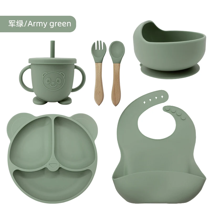 Food grade BPA free cute panda crockery kid tableware silicone dishes for baby toddler dinnerware children food suction plate