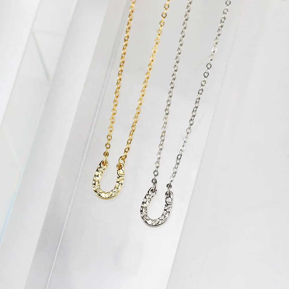 INS Style S925 Sterling Silver Jewelry Hammered Letter U Shape Horseshoe Pendant Necklace EMNL044