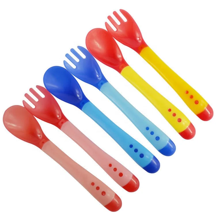 Baby Spoons and Forks Feeding Set Soft Silicone Tip Heat Sensitive Toddler Utensils First Stage for Feeding