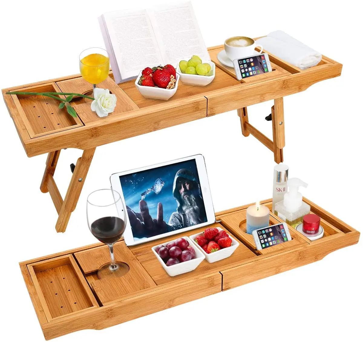 
2 In 1 Innovative Design Extra Large Bamboo Bathtub Caddy & Laptop Bed Desk The bed is a dining table 