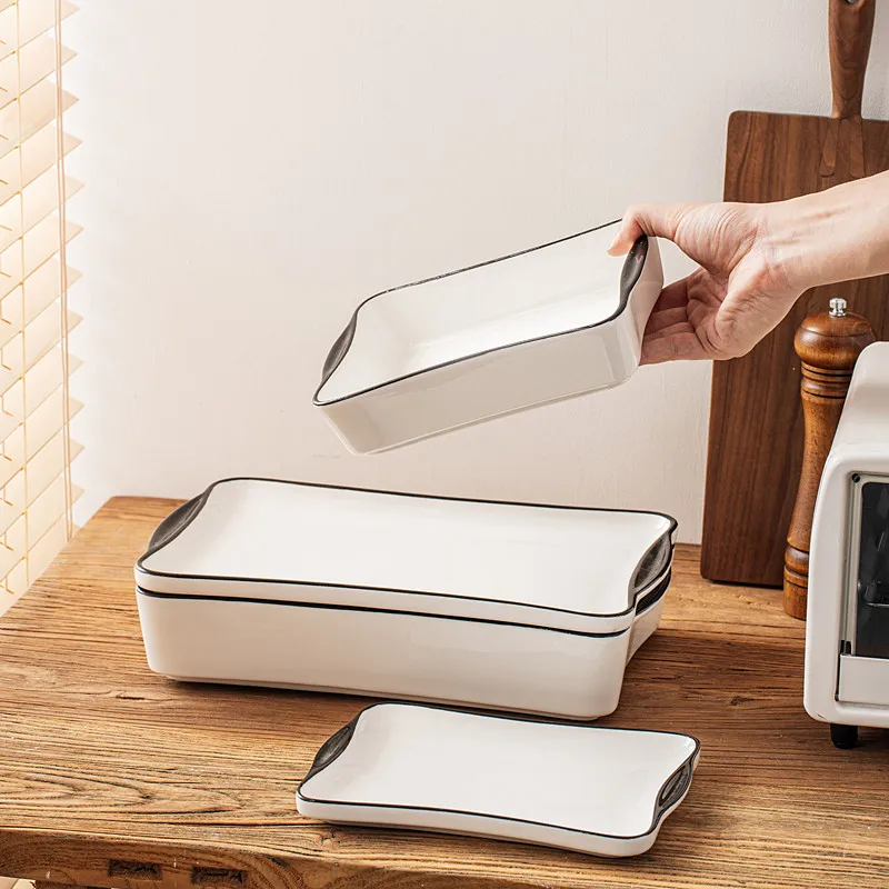 Factory manufacture wholesale rectangular white baking pan baking dishes ceramic bakeware with lid