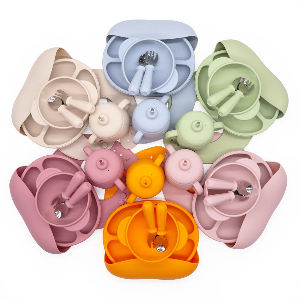 Детские подарочные наборы Melikey, детская посуда без бисфенола А, силиконовые наборы для кормления, набор тарелок и чашек на присоске