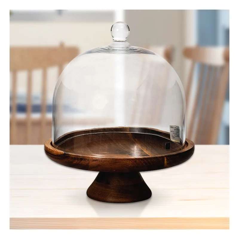 Wholesale Customize Glass Dome Cake Plate with Cover Wooden Glass Cake Stand with Glass Dome