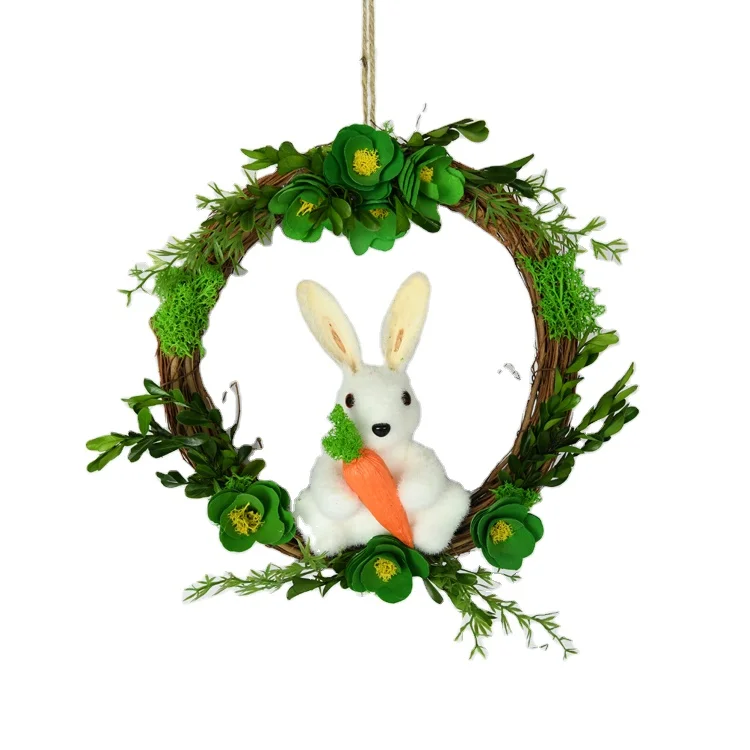 Hot Selling Special White Bunny Green Wood Flower Garland Natural Green Moss Easter Decoration Ratton Wreath