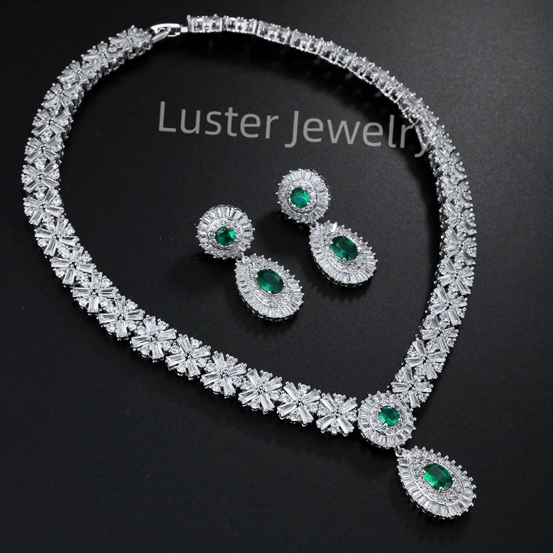 Luster pear pendant earring 100% sterling silver 925 red necklace jewelry set for woman with zircon