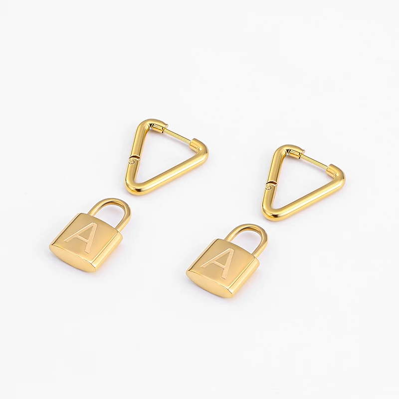 Stylish Stainless Steel Gold Plated Stud Earrings with A Letter Lock Pendant Durable Detachable DIY Jewelry for Gift