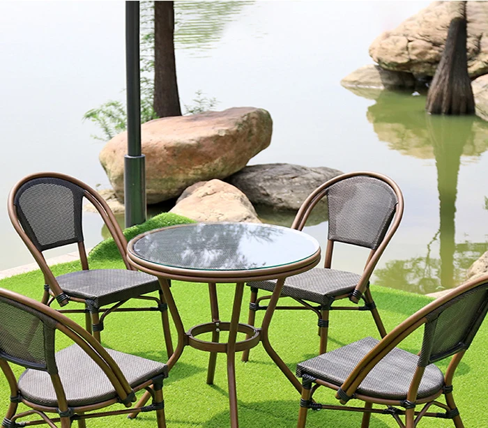 Outdoor Aluminum Teslin Furniture  Patio Bistro Dining Chairs Custom Garden Bamboo Look Balcony Coffee Table Chair