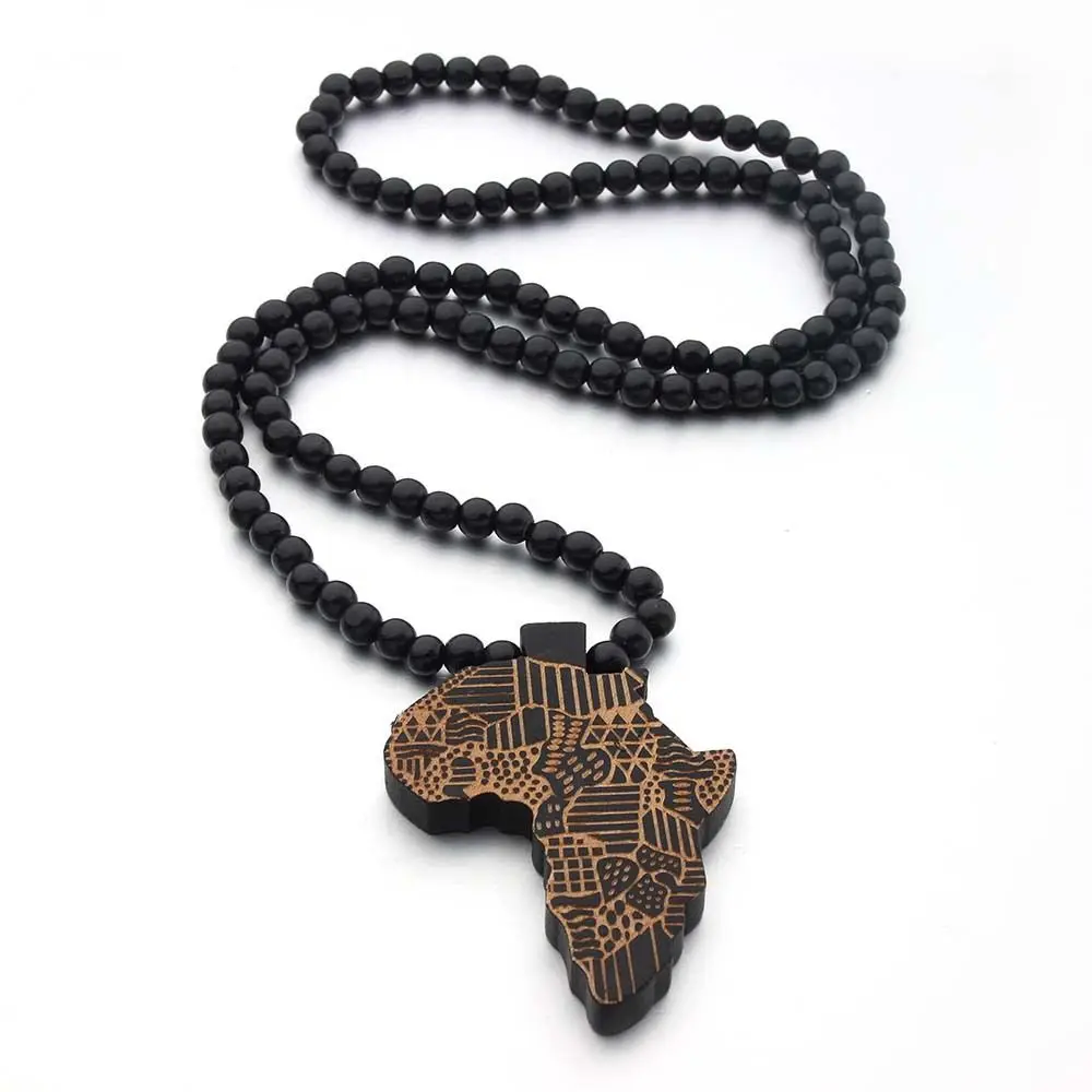 Hot Sell 8MM Wood Beaded Long Chain African Map Pendant Necklace For Women And Men