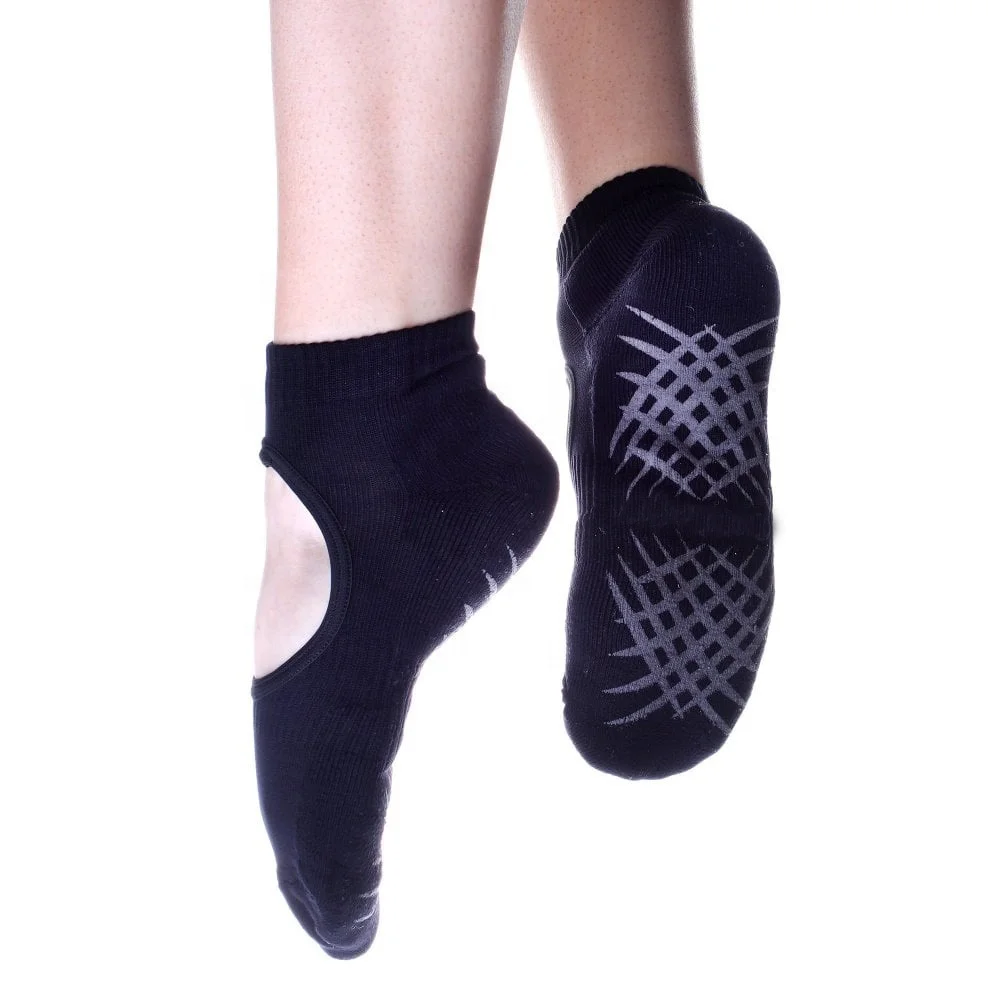 AJ19507 Custom Black Cotton Wholesale Women Cutout Hole Yoga Fitness Grip Toeless Socks