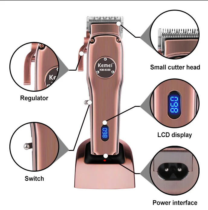 Kemei KM-9350 cordless rechargeable hair trimmer electric hair clipper fast charging long time working