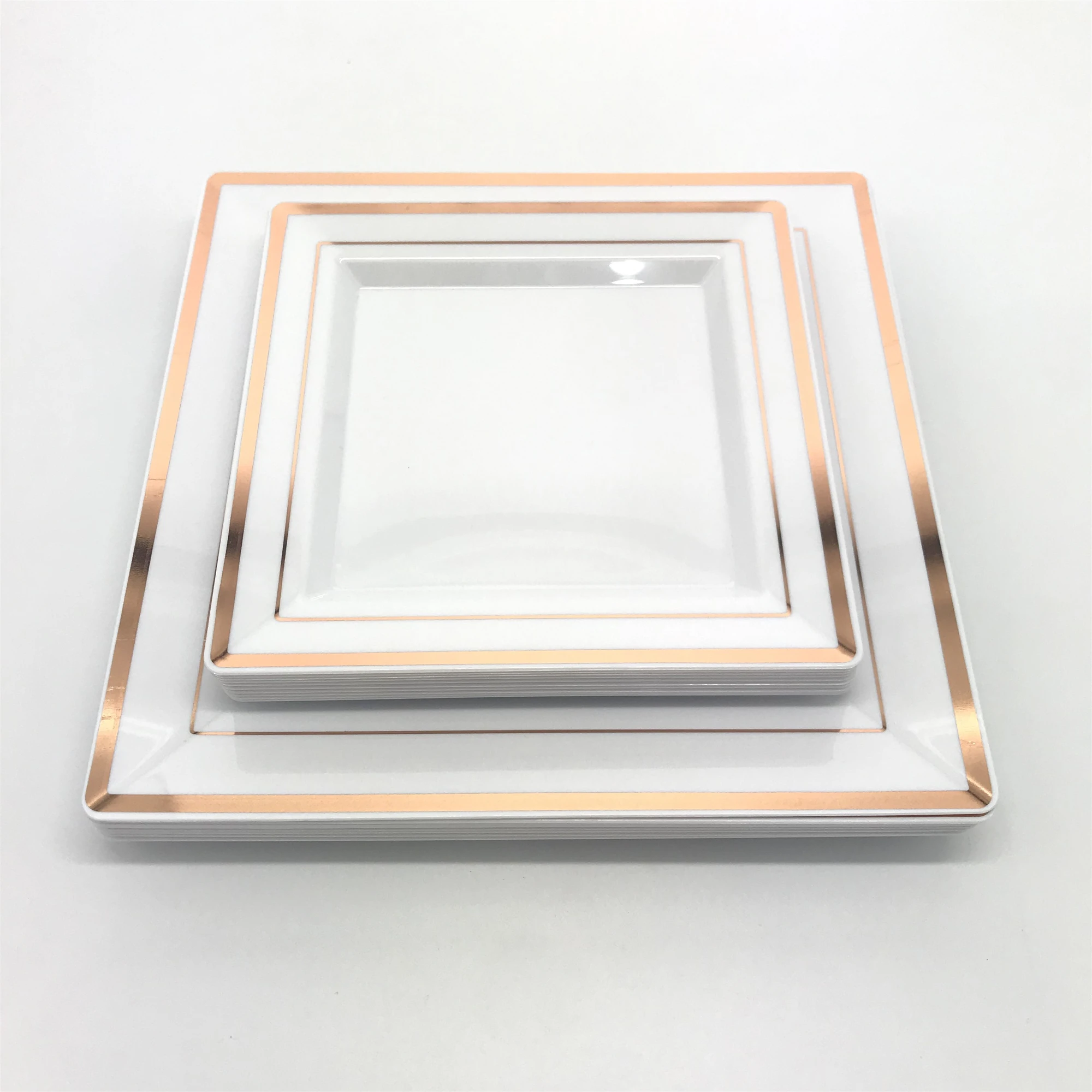 Wholesale Elegant Rose Gold Rim Disposable Plastic Square Plates Sets