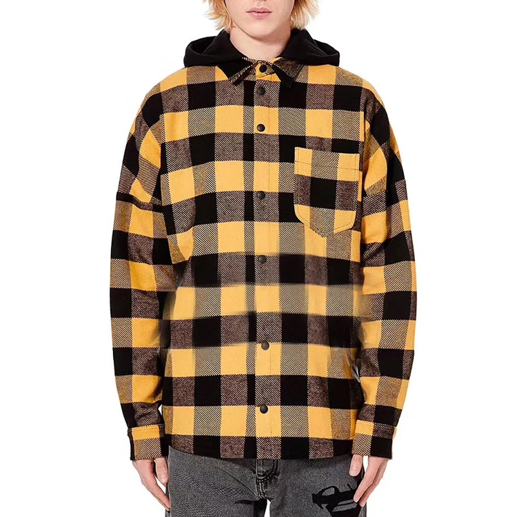 Flannel Shirt Yellow Polyester Flannel Shirt Men Plaid Shirt Long Sleeve