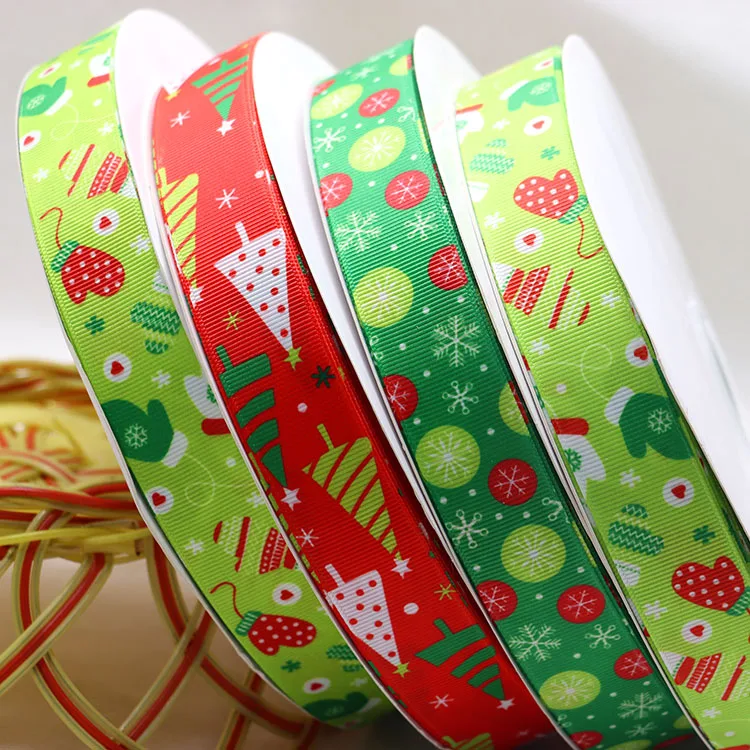 Factory custom printed logo satin ribbon ,1 inch merry christmas tree deco grosgrain ribbon roll for gift wrapping party holiday