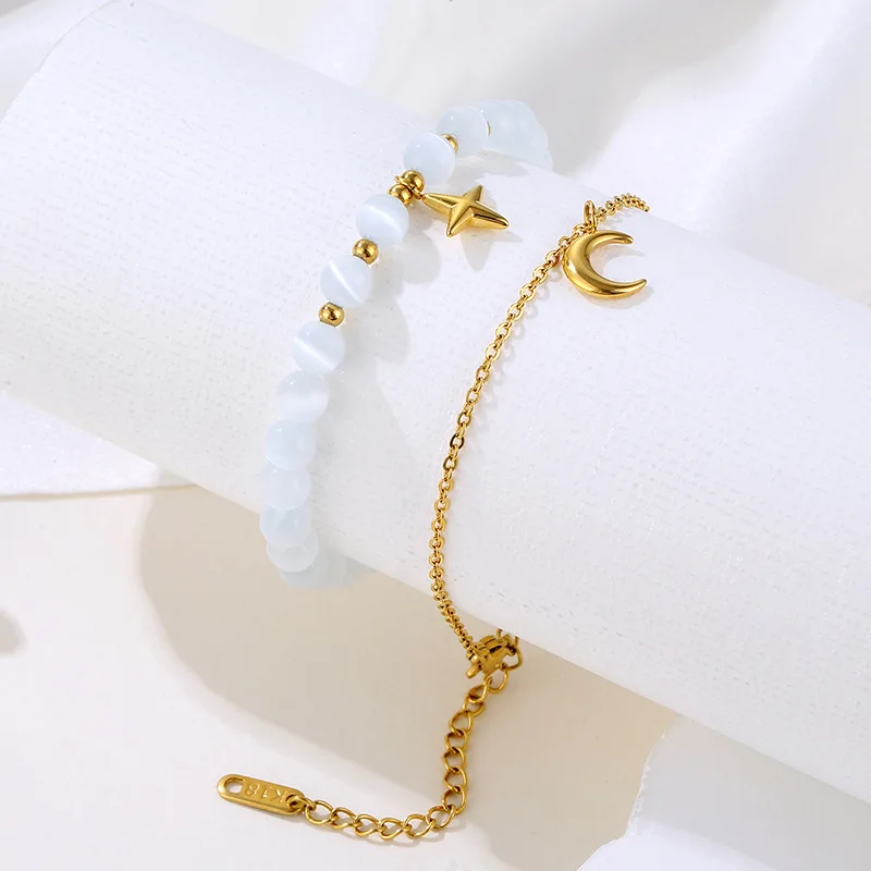 Star Moon Element Jewelry for Women Double Chain Design Light Luxury 18K Gold Plated Stainless Steel with Opal Elastic Bracelet