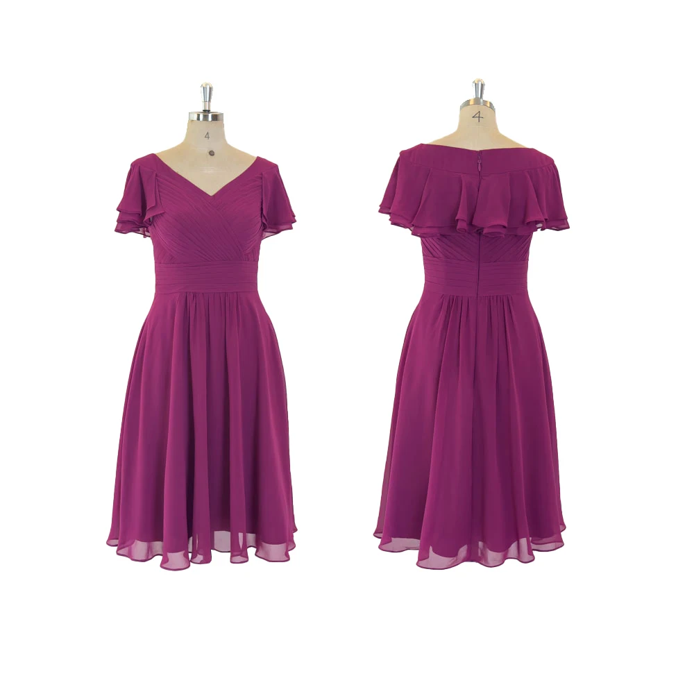 TEENYEE Latest V-Neck Short Ruffle Sleeves Ball Gown Plus Size Women Wedding Girl Dress Bridesmaid Dresses