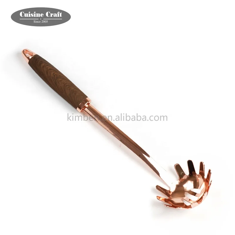 Wholesale kitchen utensil cooking set Stainless steel copper plated spaghetti server with faux wood handle