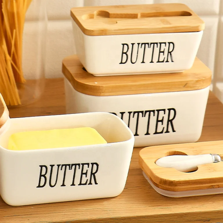 Hot Sale 3 Sizes European Style Modern White Rectangle Butter Container Ceramic Butter Dish Box with Bamboo Lid and Knife