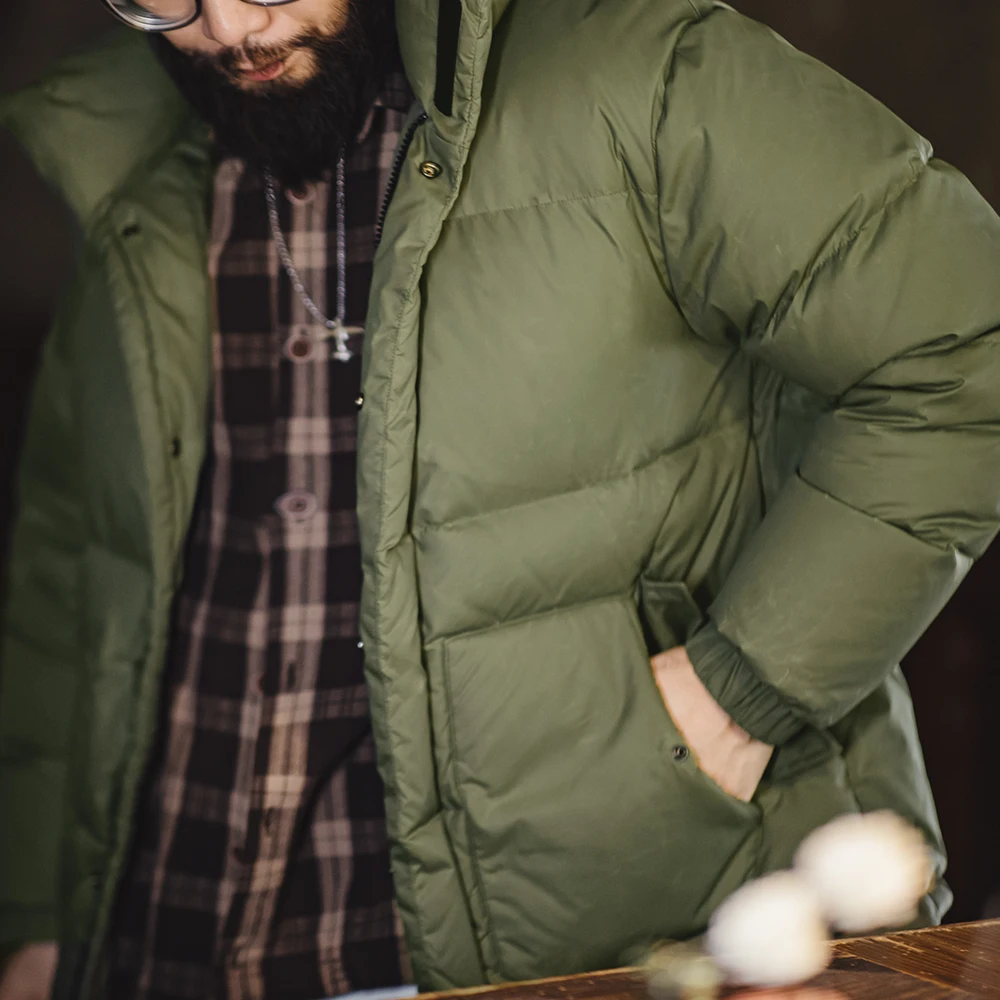 Maden Wholesale Men Down Jacket Vintage Workwear Retro Waxed Winter Cold-Resistant Hooded Thick Stand Collar Puffer Coat Winter