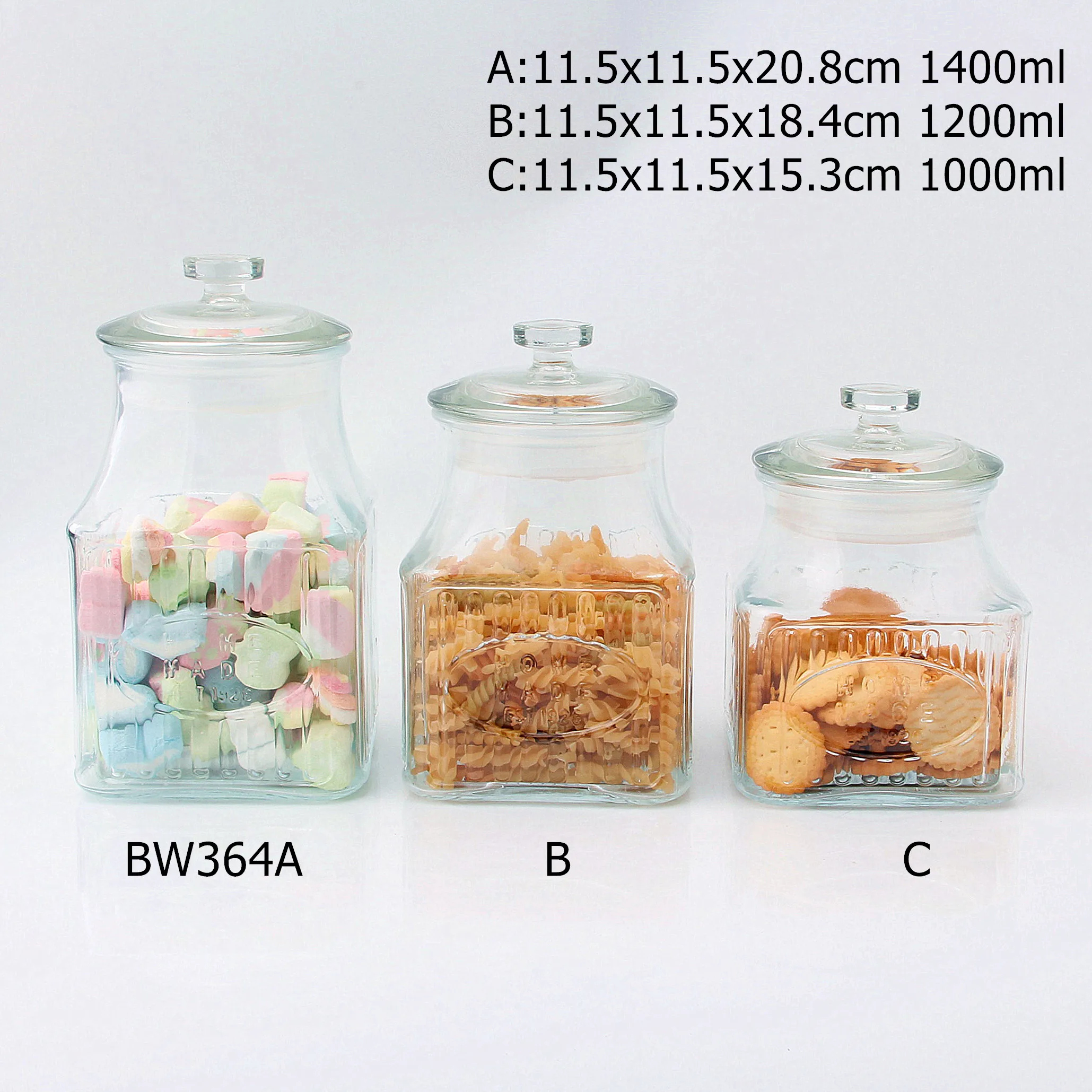 High quality market popular square clear embossed glass storage jars with glass lid kitchen decoration custom food safe