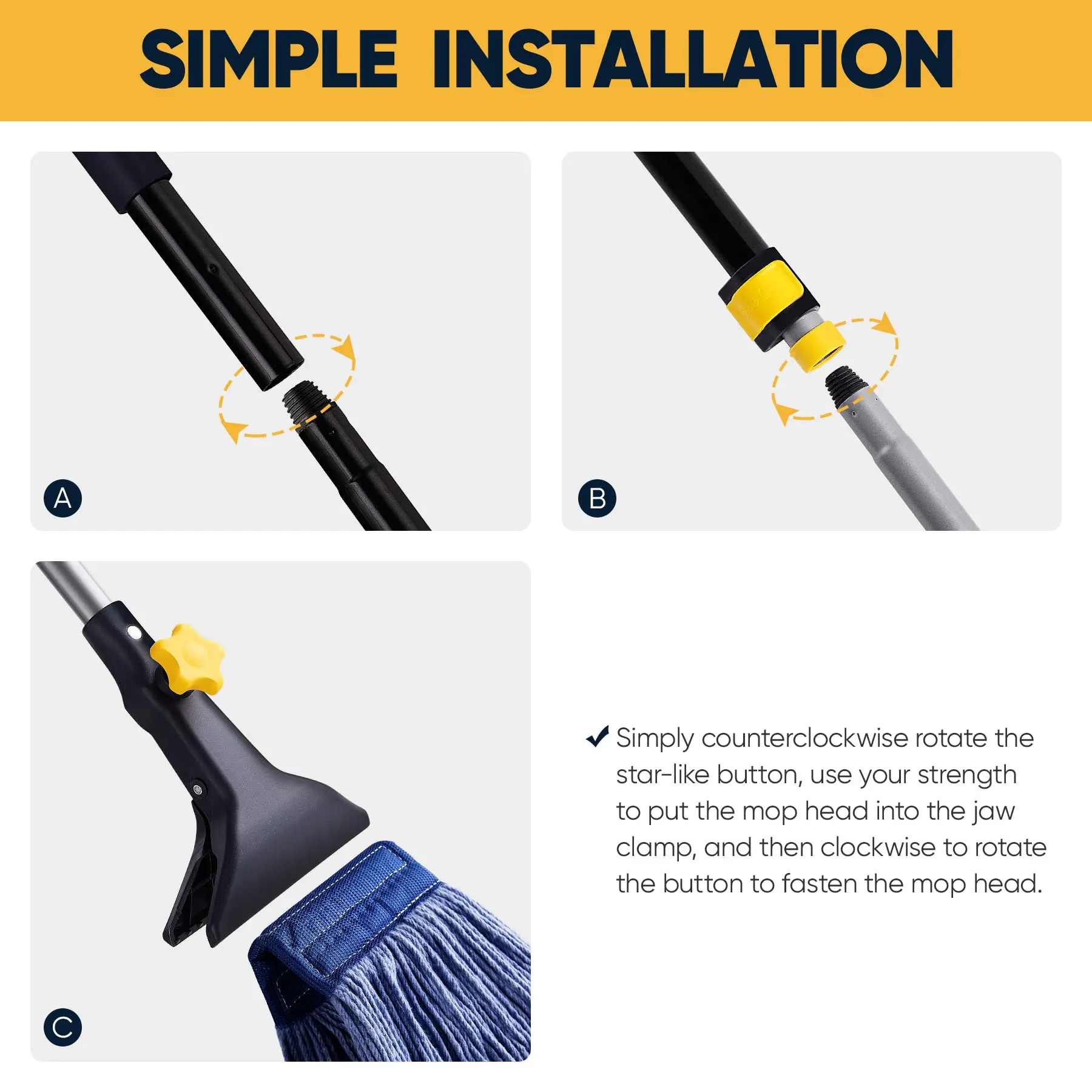 Looped-End String Wet Mop Heavy Duty Cotton Mop Commercial Industrial Grade Telescopic Iron Pole Jaw Clamp Floor Cleaning