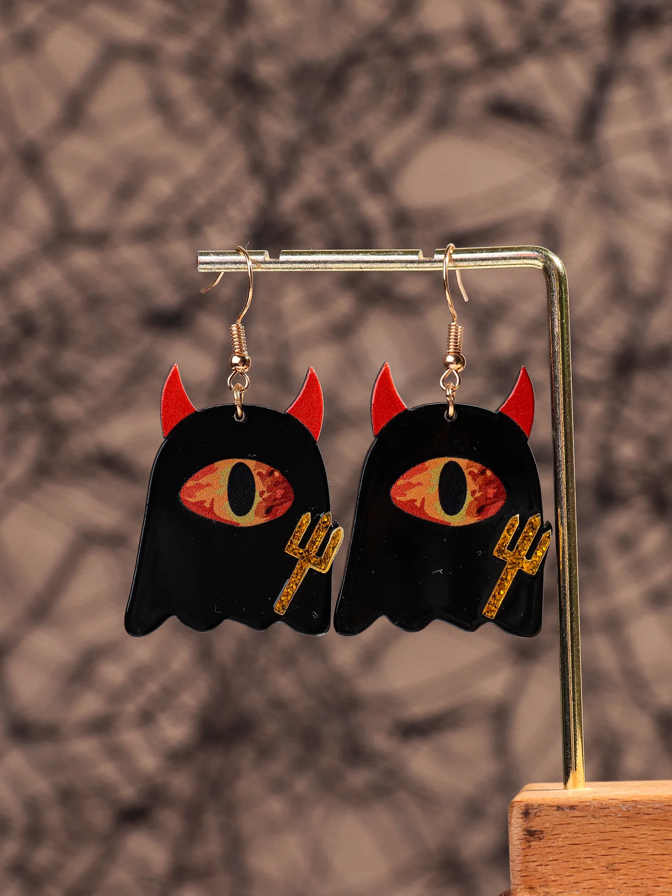 Creative Ghost Halloween Party Jewelry Black One-eyed Demon Gold Glitter Fork Cute Spooky Acrylic Drop Earrings for Girls Women
