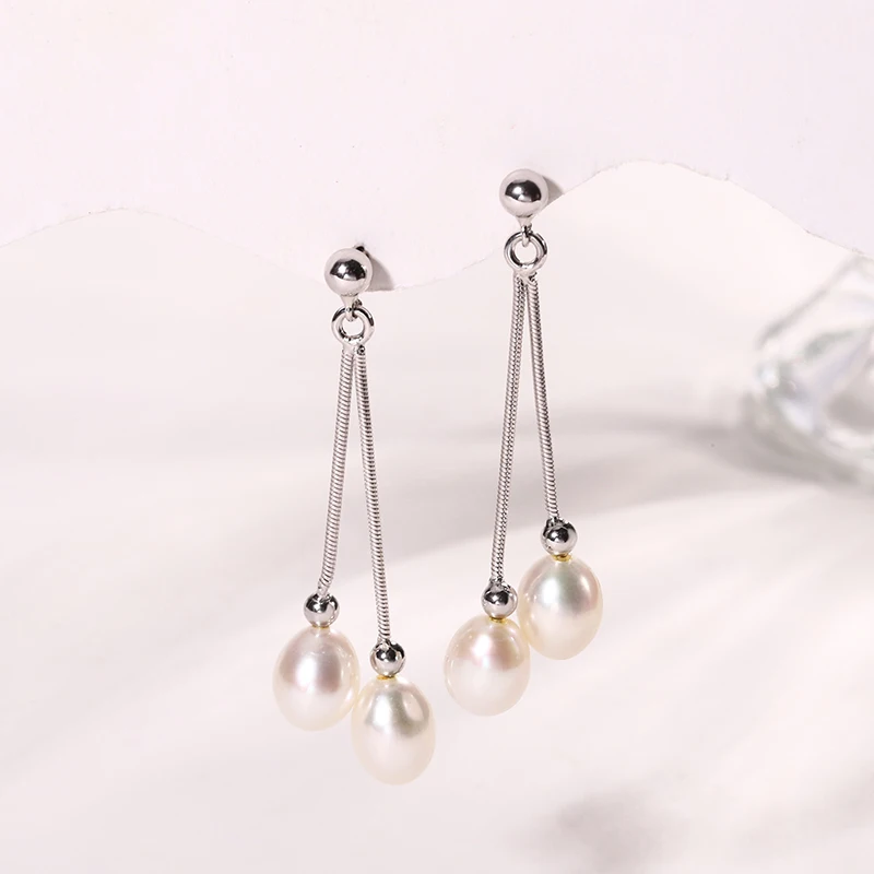 Wholesale Earrings Jewelry Double Headed S925 Sterling Silver 7-7.5mm Long Tassel Pearl Stud Earrings Minimalist Pearl Earrings