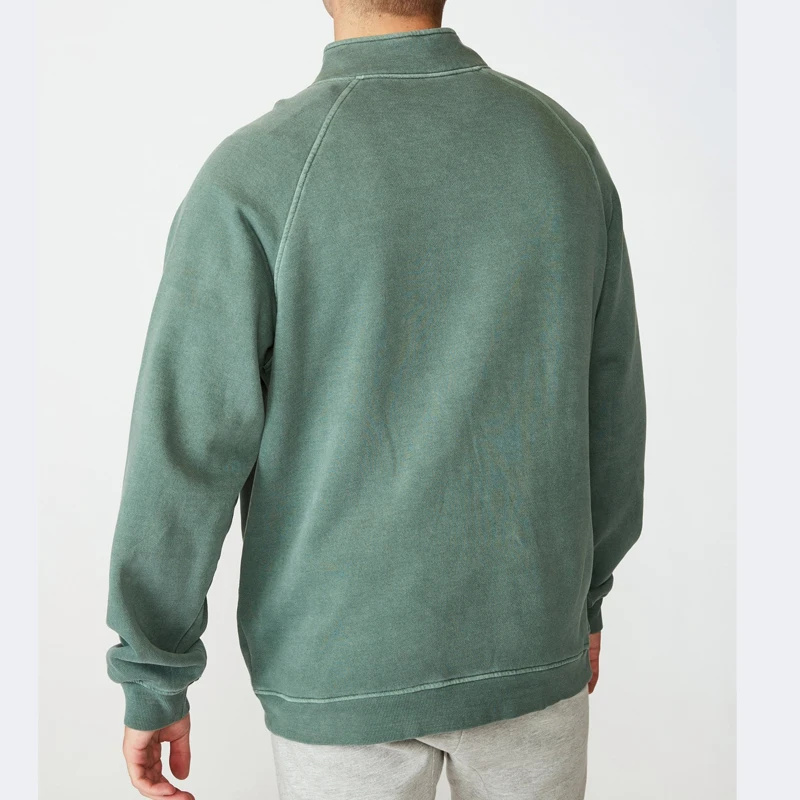 Maxgarment High Quality Super Fit Casual Quarter Zip Up Hoodie Washed Green Sweatshirts Hooded Mens