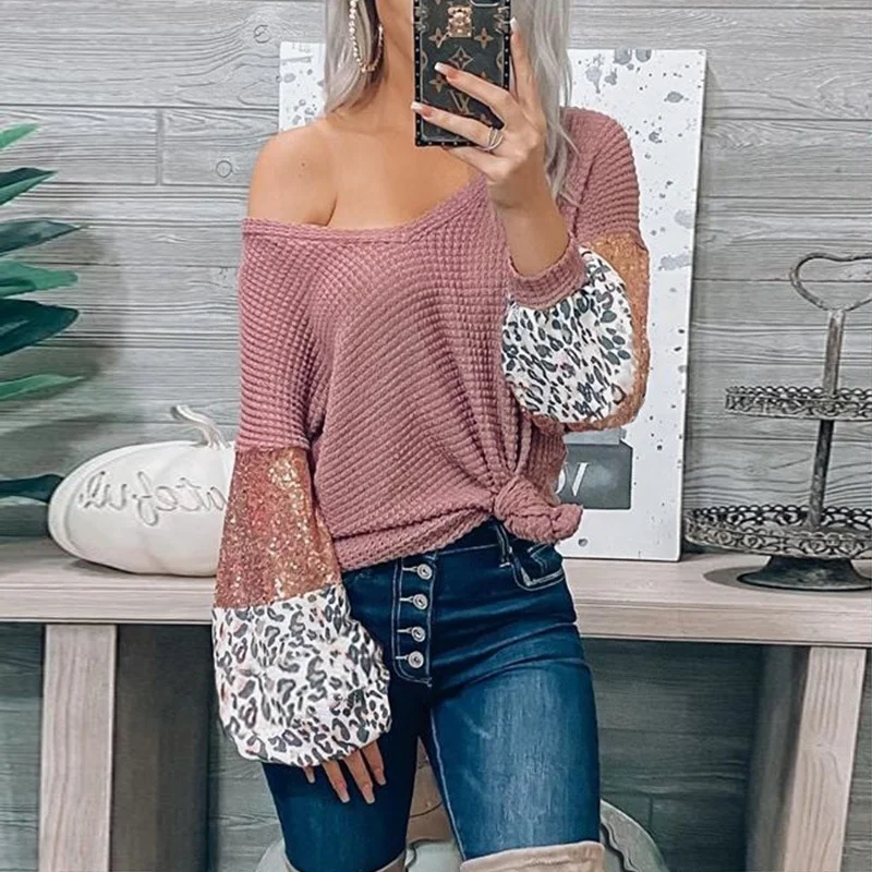 
Wholesale Monogram 2021 Waffle Patchwork Sequin Sleeve Ladies Top,Sequin Leopard Sleeve Women Sweater 