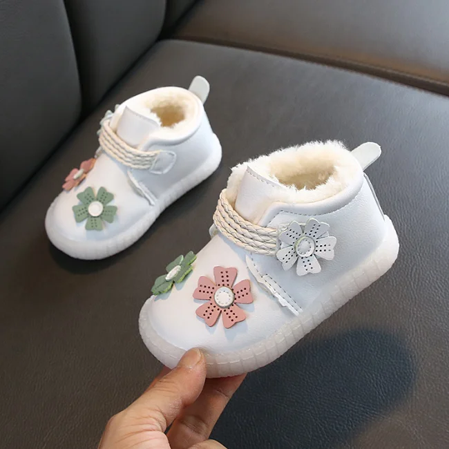 
KS1901 Nice flower appliqued baby warm winter shoes PU leather toddler girls shoes 