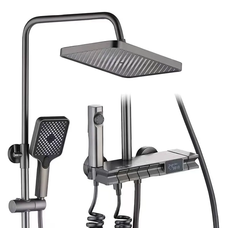 Современный дизайн медный пистолет серый с цифровым дисплеем, Душевая система контроля температуры дома, пианино, ключи для душа, цветы