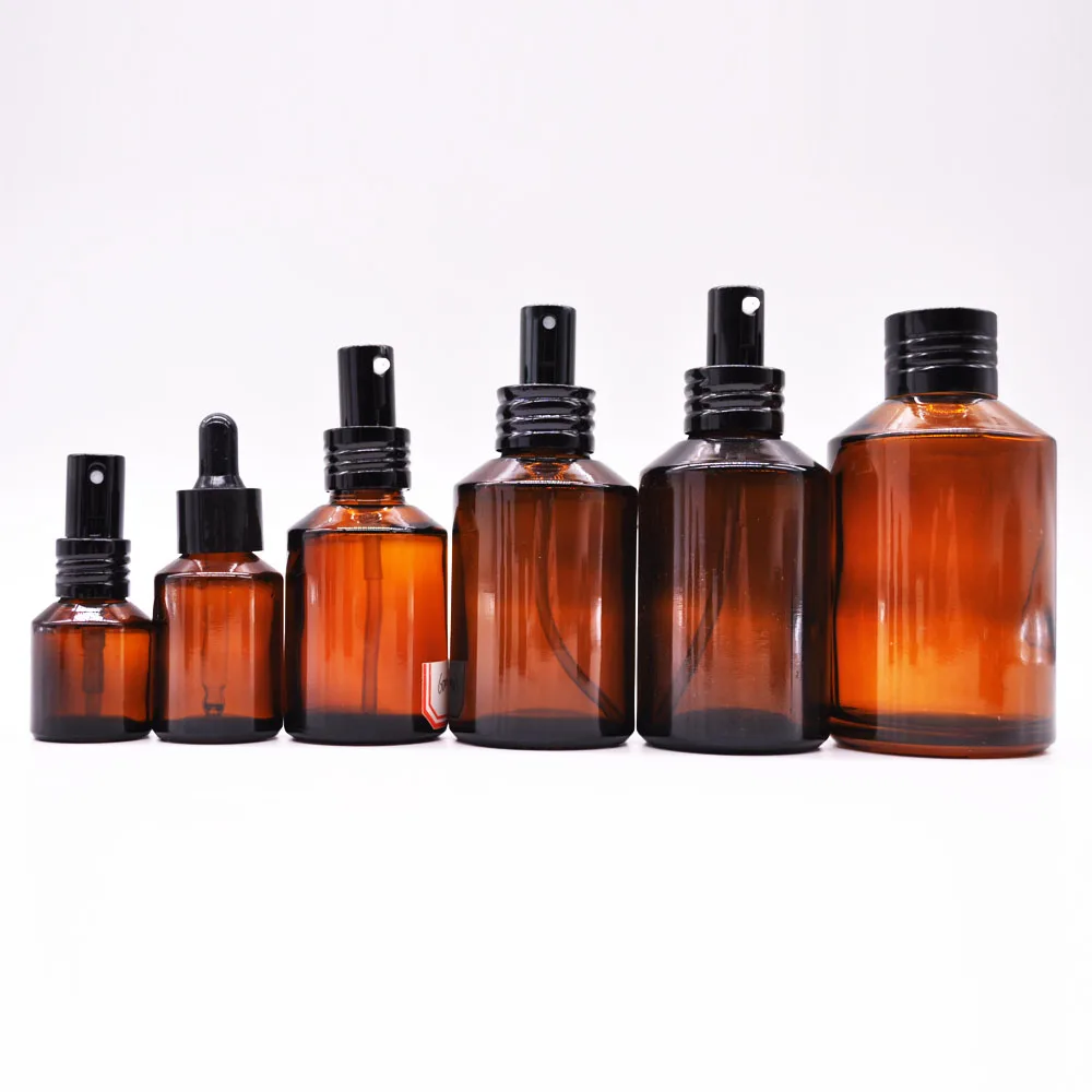 15ml 30ml 60ml 100ml 120ml Slant Shoulder Amber Glass Skin Care Serum Set Pump Spray Bottle With Aluminum Metal Pump