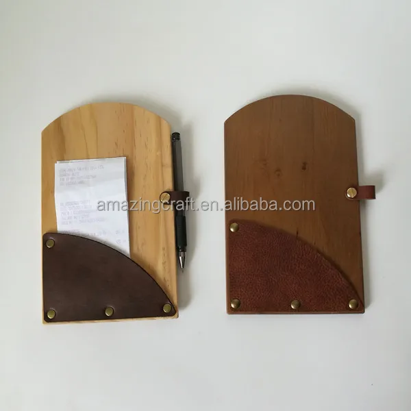 Custom Wooden Leather Check Presenter Bill Menu Pen Holder Burnt Logo OEM Available